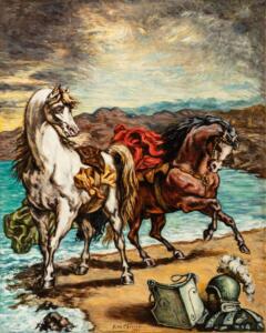 inv. 76 - Due cavalli in riva al mare, 1964, olio su tela, 100x80 cm, firmata, g. de Chirico 1964